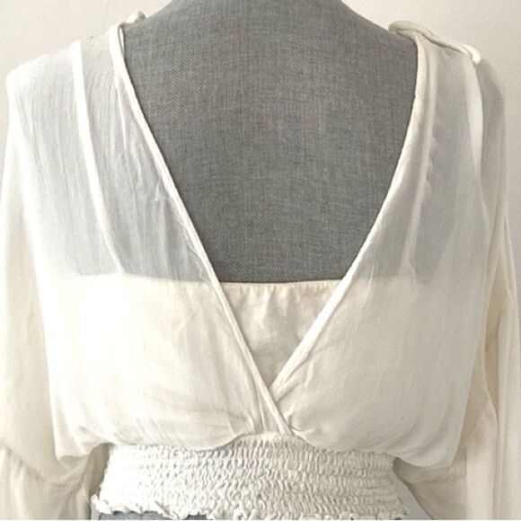 Anthropologie White Crop Sheer Blouse sz S Balloon Sleeve Romantic Feminine NWOT - Picture 6 of 13